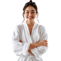 Smiling young woman wearing bathrobe standing isolate on transparency background png