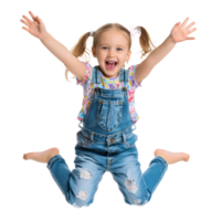 Floated overjoyed little girl jumping and gesturing happiness isolate on transparency background png