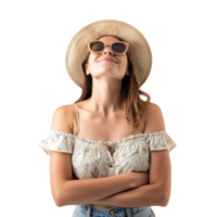 young woman wearing a summer hat and sunglasses looking up , standing front view full length isolate on transparency background png