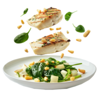 floated Grilled Halibut with Spinach, leeks and Pine Nuts falling into a plate isolate on transparency background png