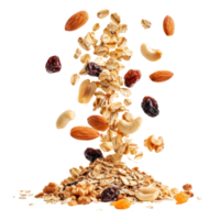 Falling Oatmeal with nuts and raisins isolate on transparency background png