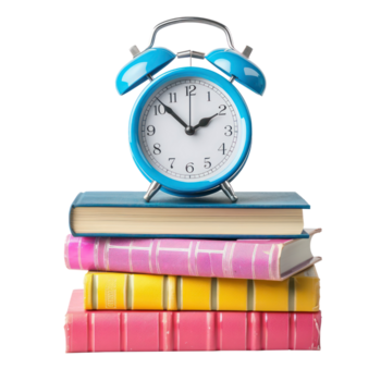 alarma reloj con apilar de libro, espalda a colegio concepto aislar en transparencia antecedentes png
