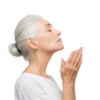 Portrait of facial senior model with hand gesture, face care concept side view isolate on transparency background png