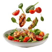 floated Grilled chicken meat and fresh vegetable salad of tomato, avocado, lettuce and spinach falling into a plate isolate on transparency background png