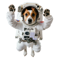 dog in astronaut suit floating in the air isolate on transparency background png