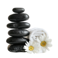 negro apilar piedras y blanco toalla con Fresco flor, spa concepto aislar en transparencia antecedentes png