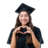 Smiling young female student wearing graduate cap making heart geture with hand, standing isolate on transparency background png