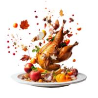floated Thanksgiving Turkey and ingredients falling into a plate isolate on transparency background png