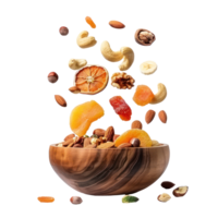 Falling in wooden bowl Dried slices of fruits and nuts isolate on transparency background png