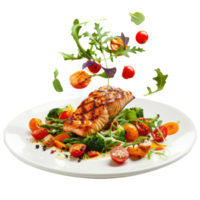 floated Grilled salmon on fresh vegetables falling into a plate isolate on transparency background png