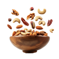 Falling mix nuts in bowl isolate on transparency background png