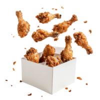 floated Fried chicken legs falling into the white paper box isolate on transparency background png