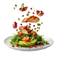 floated Salad with grilled chicken breast, avocado, pomegranate seeds and tomato falling into a plate isolate on transparency background png
