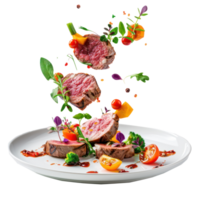 floated Veal tenderloin with sesonal vegetables falling into a plate isolate on transparency background png