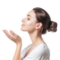 Beautiful woman with face care hand gesture side view isolate on transparency background png