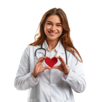 Smiling young female doctor making heart geture with hand, standing isolate on transparency background png