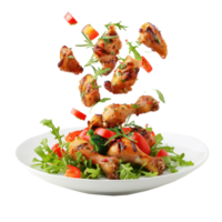 floated Healthy Chicken Dinner falling into a plate isolate on transparency background png