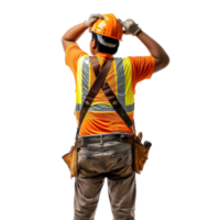 Back view of construction worker looking at something up, standing isolate on transparency background png