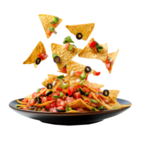 floated Nachos food falling into a plate isolate on transparency background png