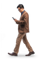 businessman using smartphone while walking, side view full body isolate on transparency background png