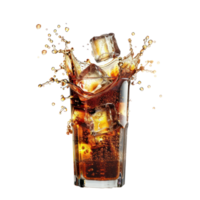 floated coca with ice cubes splash falling into a glass isolate on transparency background png