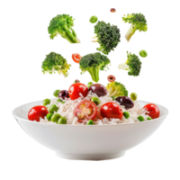 floated broccoli, tomatoes and olives with rice falling into a plate isolate on transparency background png