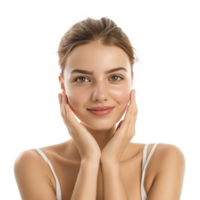 Beautiful woman with face care hand gesture front view isolate on transparency background png
