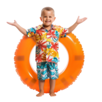 Happy little boy wearing summer clothes with inflatable swimming circle front view full length isolate on transparency background png