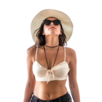 young woman wearing a summer hat and sunglasses looking up , standing front view full length isolate on transparency background png