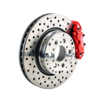 Automobile brake disk with red caliper front view full length isolate on transparency background png
