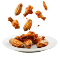 floated Chicken Wings falling into a plate isolate on transparency background png