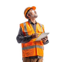 Engineer construction man with tablet looking up, standing isolate on transparency background png
