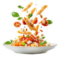 flöt pasta penne med rostad tomat, sås, mozzarella ost faller in i en tallrik isolera på genomskinlighet bakgrund png