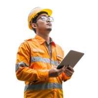 Engineer construction man with tablet looking up, standing isolate on transparency background png