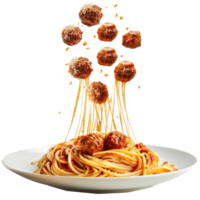floated Spaghetti pasta with meatballs falling into a plate isolate on transparency background png