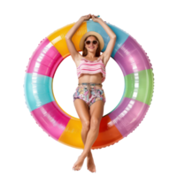 Happy young woman wearing summer clothes with inflatable swimming circle top view full length isolate on transparency background png