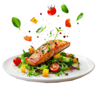 floated Grilled salmon on fresh vegetables falling into a plate isolate on transparency background png