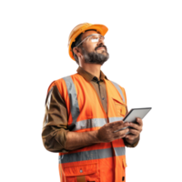 Engineer construction man with tablet looking up, standing isolate on transparency background png