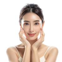 Beautiful woman with face care hand gesture front view isolate on transparency background png