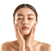 Beautiful woman body and face care with hand geture front view isolate on transparency background png
