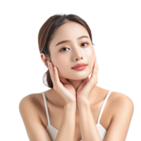 Beautiful woman body and face care with hand geture front view isolate on transparency background png