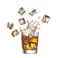 Whisky and ice cubes falling into a glass isolate on transparency background png