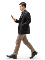 businessman using smartphone while walking, side view full body isolate on transparency background png