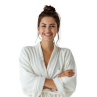 Smiling young woman wearing bathrobe standing isolate on transparency background png