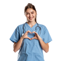 Smiling young female nurse making heart geture with hand, standing isolate on transparency background png