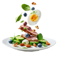 floated Boiled egg, pork steak and olives, cucumber, spinach, brie cheese, nuts and blueberry falling into a plate isolate on transparency background png