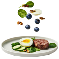 floated Boiled egg, pork steak and olives, cucumber, spinach, brie cheese, nuts and blueberry falling into a plate isolate on transparency background png