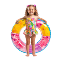 Happy little girl wearing summer clothes with inflatable swimming circle front view full length isolate on transparency background png