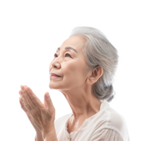 Portrait of facial senior model with hand gesture, face care concept side view isolate on transparency background png