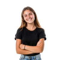 sorridente giovane femmina Università alunno, in piedi isolato su trasparenza sfondo png